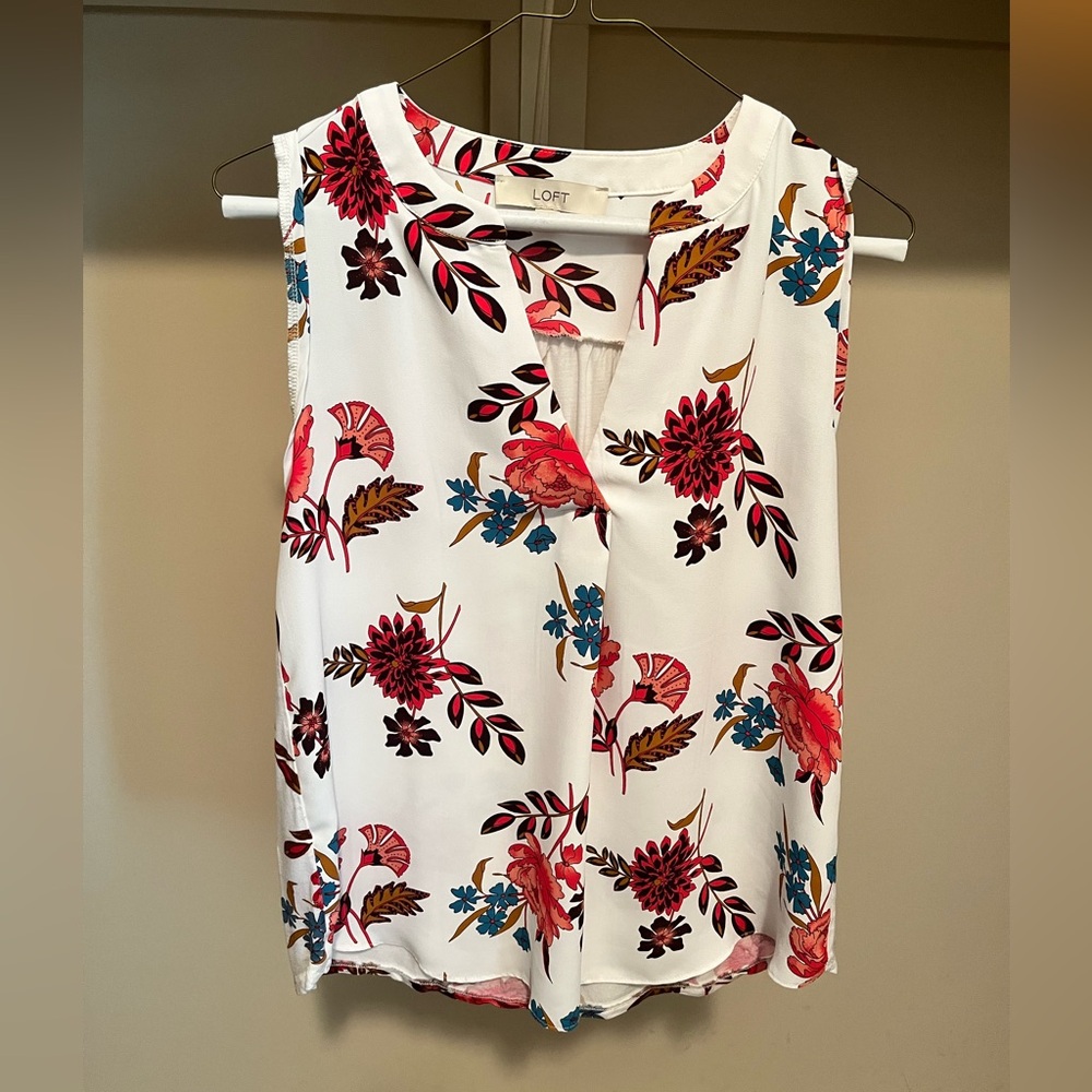 LOFT White Blouse with Red and Brown Floral Design